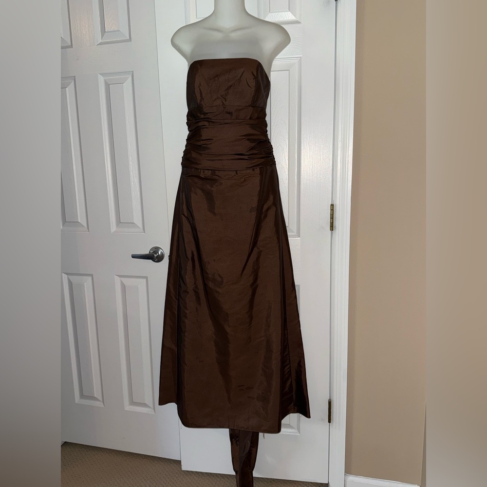Elegant Brown Strapless Dress Dessy Collection wedding bridesmaid evening small